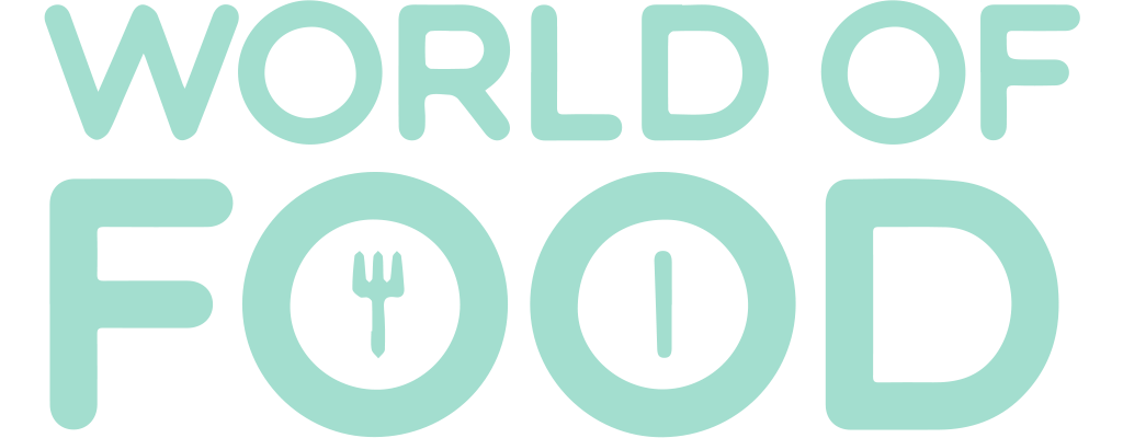 Logo World of Food; in de eerste O van food staat een vork en in de tweede een mes
